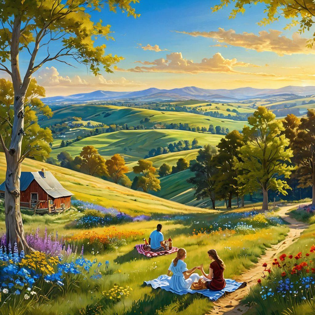A serene landscape depicting the Eighth Region with rolling hills, vibrant wildflowers, and a clear blue sky, evoking a sense of peace and joy. Include people engaging in joyful activities, like picnicking and dancing, radiating happiness. The sunlight bathes the scene in a warm, golden glow, enhancing the cheerful atmosphere. super-realistic. vibrant colors.