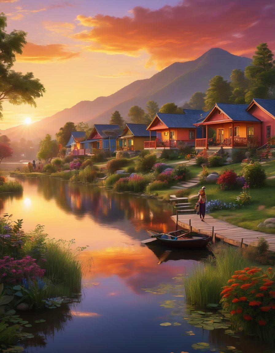 A tranquil landscape showcasing the Eighth Region's diverse communities, featuring lush greenery, serene lakes, and happy people engaging in activities like traditional dance and local crafts. Brightly colored homes and welcoming faces symbolize peace and joy, set against a radiant sunset sky. This scene invites viewers to explore the rich culture and vibrant life of the region. super-realistic. vibrant colors. wide-angle view.