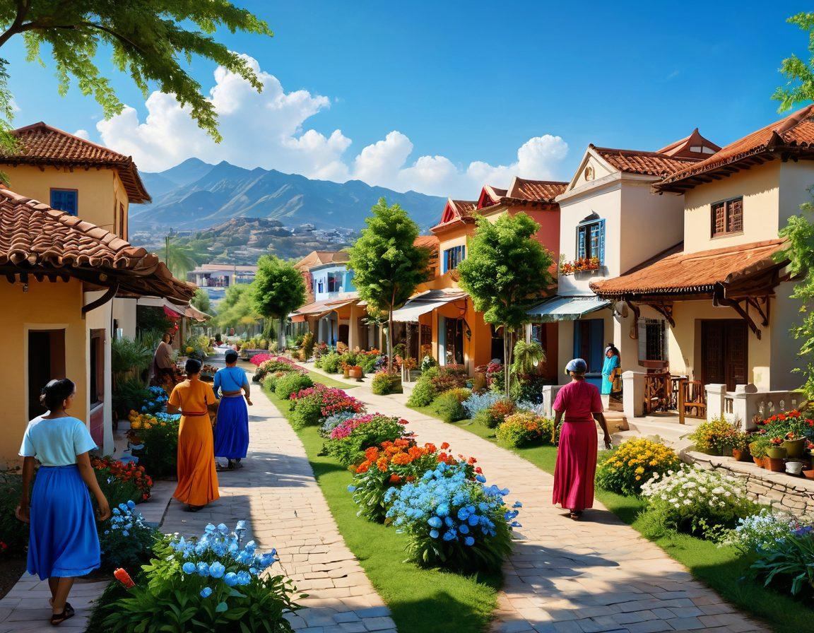 A serene landscape depicting a vibrant community in the Eighth Region, filled with joyful individuals engaging in various activities like dancing, cooking, and gardening. Include lush greenery, colorful flowers, and a bright blue sky to evoke blissfulness. Add subtle hints of cultural elements unique to the region, like traditional crafts or architecture. Emphasize warmth and connection among community members. super-realistic. vibrant colors. 3D.